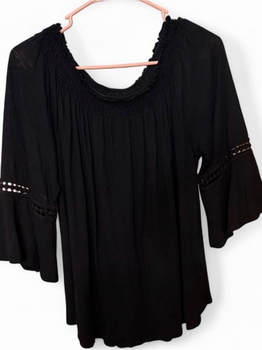 Wrangler Black Women's Peasant Blouse with Crochet Sleeve Panels
